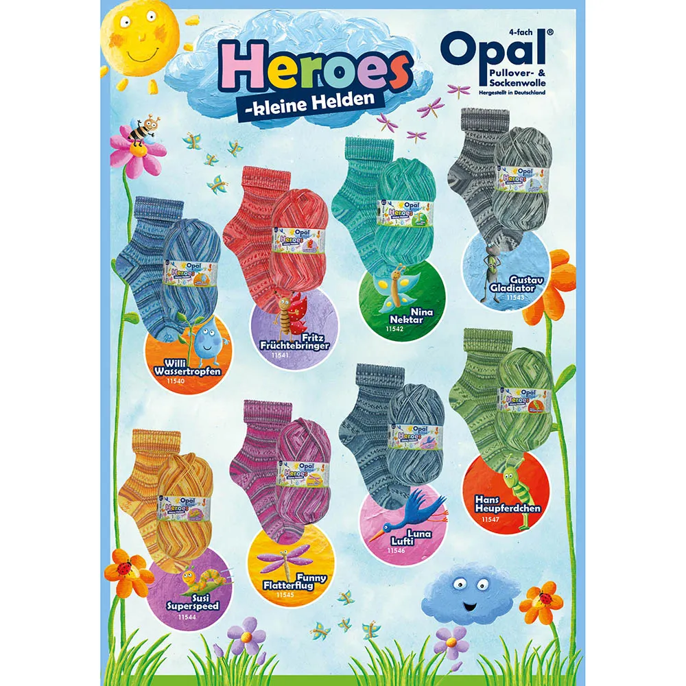OP246-1-2 Пряжа Opal Heroes – Little Heroes, 4-слойная, прочная и изготовлена из 75% натуральной шерсти (супервош) и 25% полиамида в нескольких красивых тональных оттенках. Эта пряжа подходит для вязания теплых носков с уникальными цветовыми узорами, но, конечно же, ее можно использовать для свитеров, шапок, варежек и шарфов. Цвета этой коллекции вдохновлены мелочами, которые делают природу такой особенной, такими как бабочки и стрекозы. Каждого мотка достаточно для одной пары носков (до европейского размера 44). Эта смешанная 4-слойная пряжа доступна в восьми красивых цветовых сочетаниях. Можно стирать при температуре до 40°C. Рекомендуемый размер спиц – 2,50 мм. Один моток весит 100 грамм и содержит 425 метров пряжи.